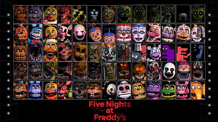 A grid collage of Five Nights at Freddy's characters.
